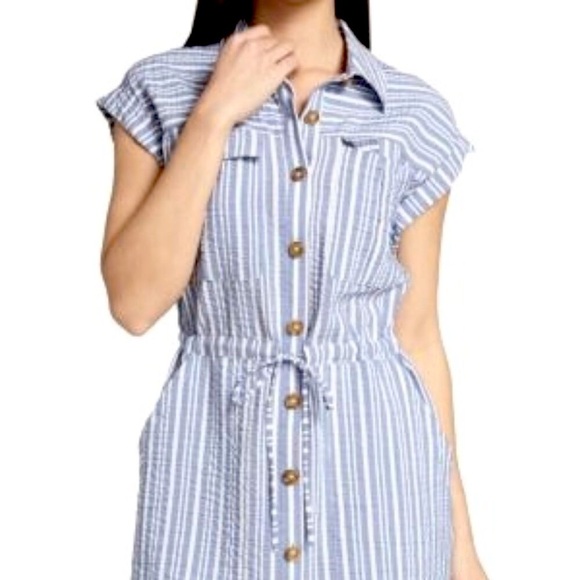NWT VERONICA BEARD Cris Blue & White Striped Mini Shirt Dress L MSRP $378 - Picture 2 of 8